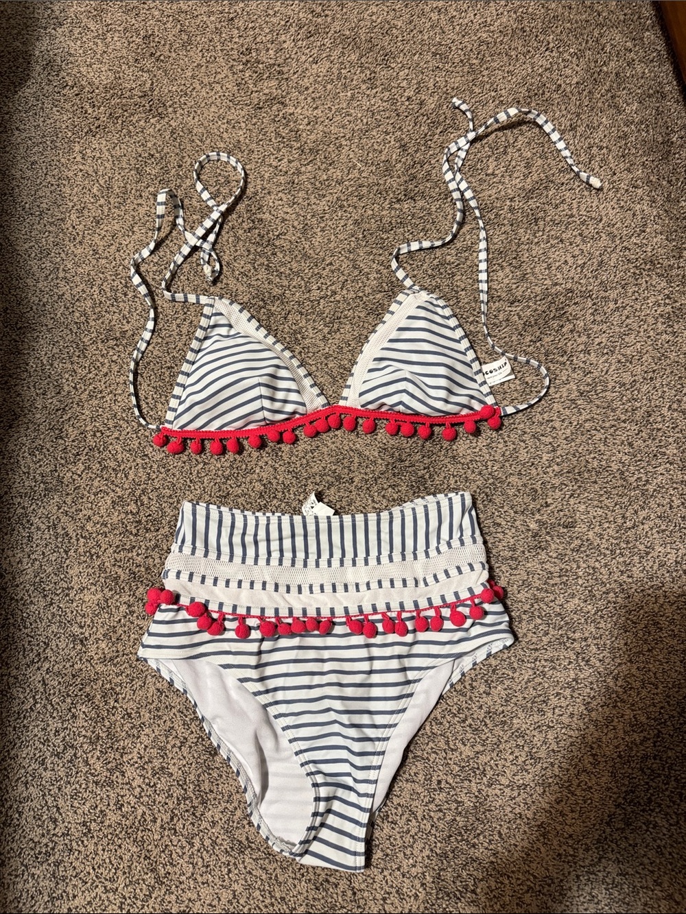 Striped Navy & White High-Waist One-Piece with Red Pom Trim